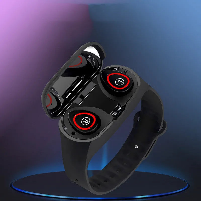 Smart bracelet with integrated earphones on silicone wristband showing 1-inch screen, in black colour