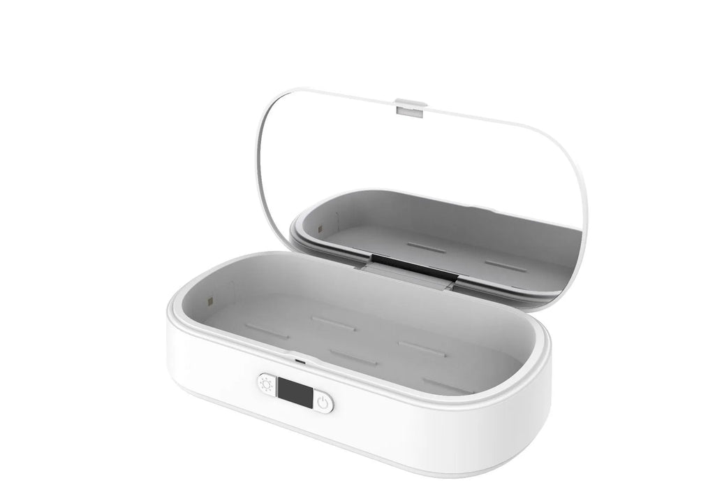 White ABS UV steriliser and wireless charging box for mobile phones and toothbrushes.