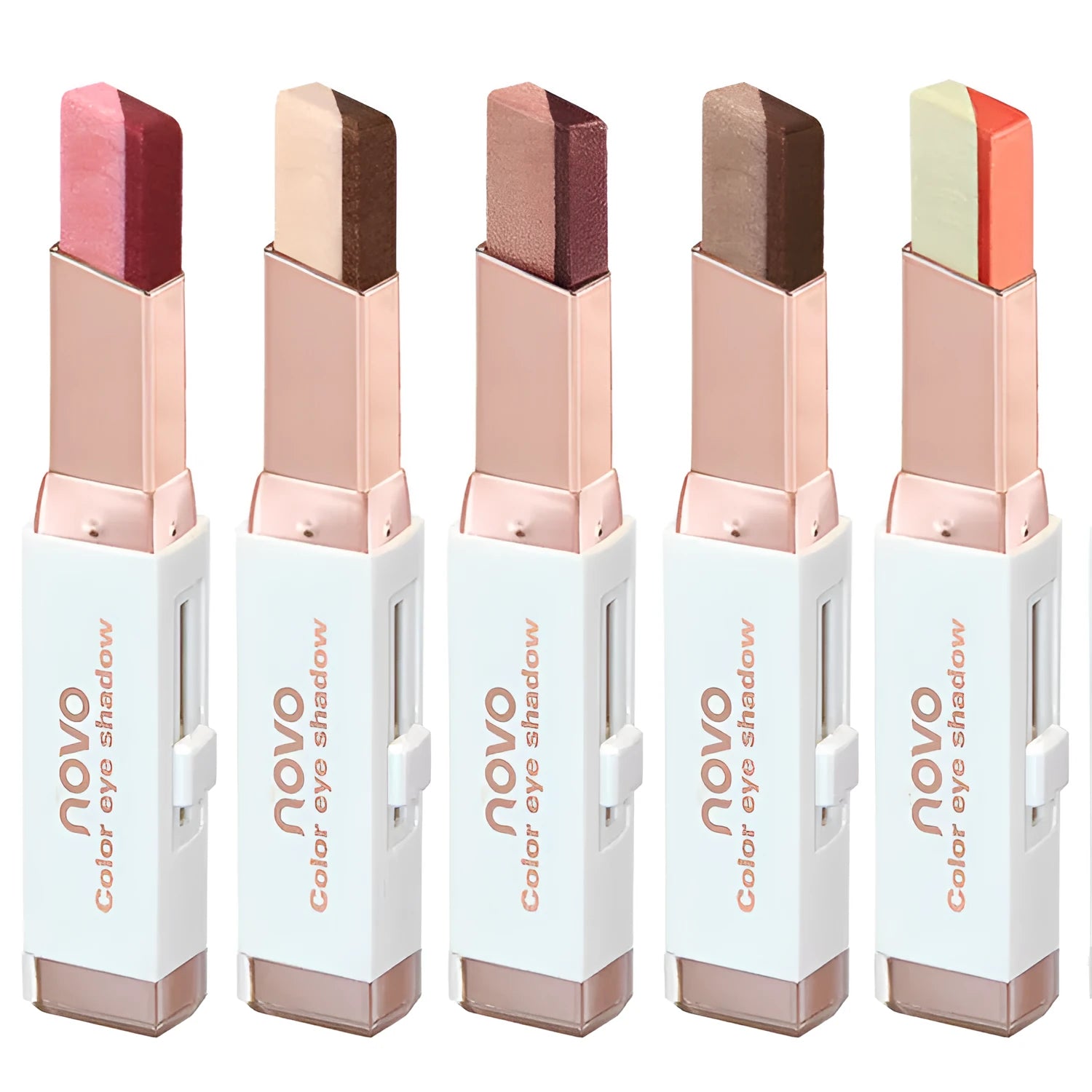 Two-color gradient eye shadow stick with metal casing and smudge blend effect for eye makeup