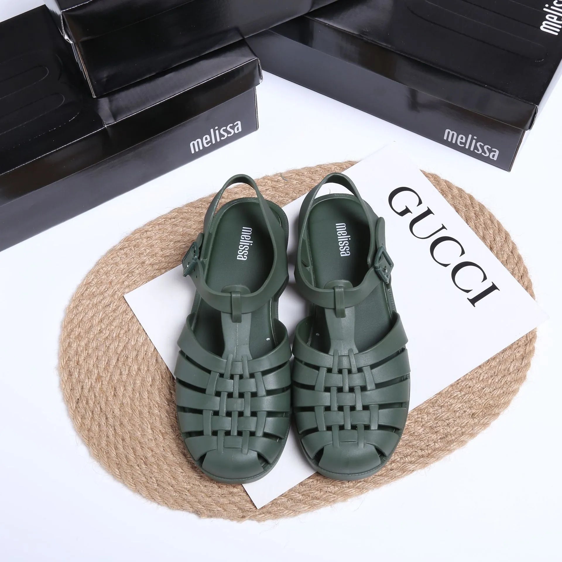 Vintage weave Roman sandals in black with buckle fastening and hollow out design elements