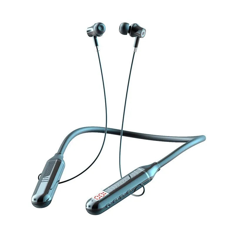 Black wireless Bluetooth neckband sports headphones with a battery display on the neckband.