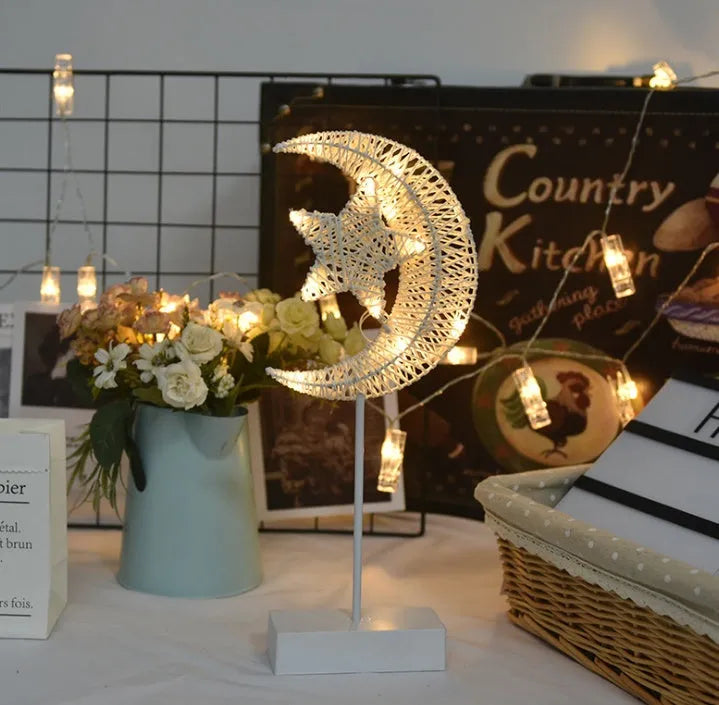 Rattan decorative LED star lamp and love heart lamp with battery power for bedroom decoration