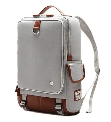 Korean style Oxford cloth men's backpack in seven colour options showing 30cm width by 16cm depth by 46cm height dimensions