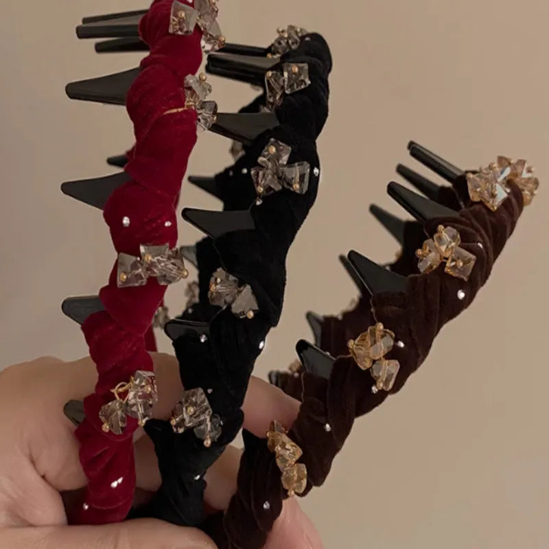 Velvet hairband with crystal wave design in red, black, or coffee colours for thick hair