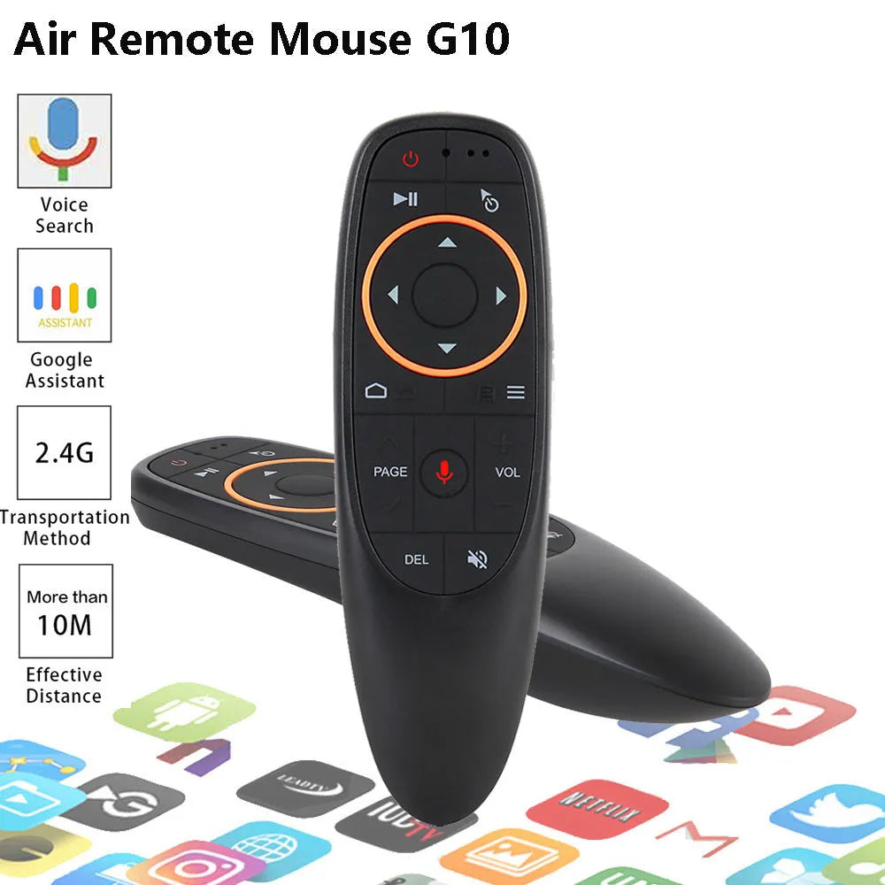 G10 series intelligent voice remote control with silicone buttons and plastic shell, shown next to its packaging box.