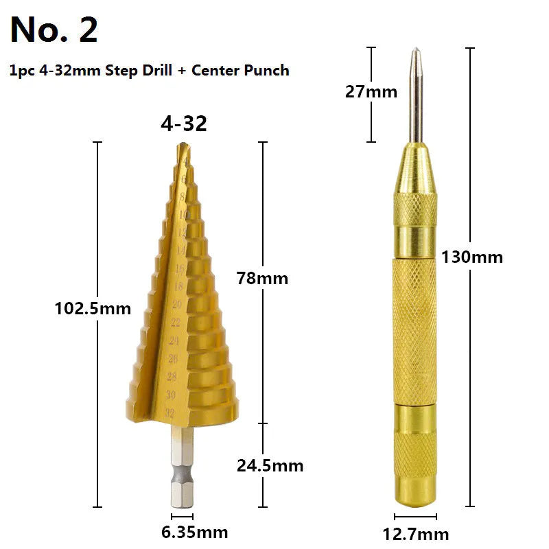 High speed steel cone drill bit punch set with centre punches including multiple step drill sizes