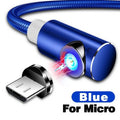 Black L-shaped magnetic charging cable with aluminium alloy housing and LED light, next to Micro USB, Type-C, and Lightning magnetic plugs.