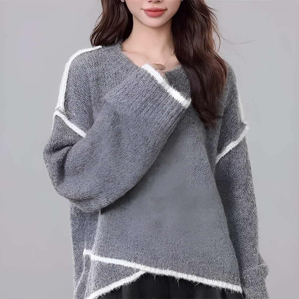 Women's cotton loose fit pullover sweater in gray color with regular sleeves