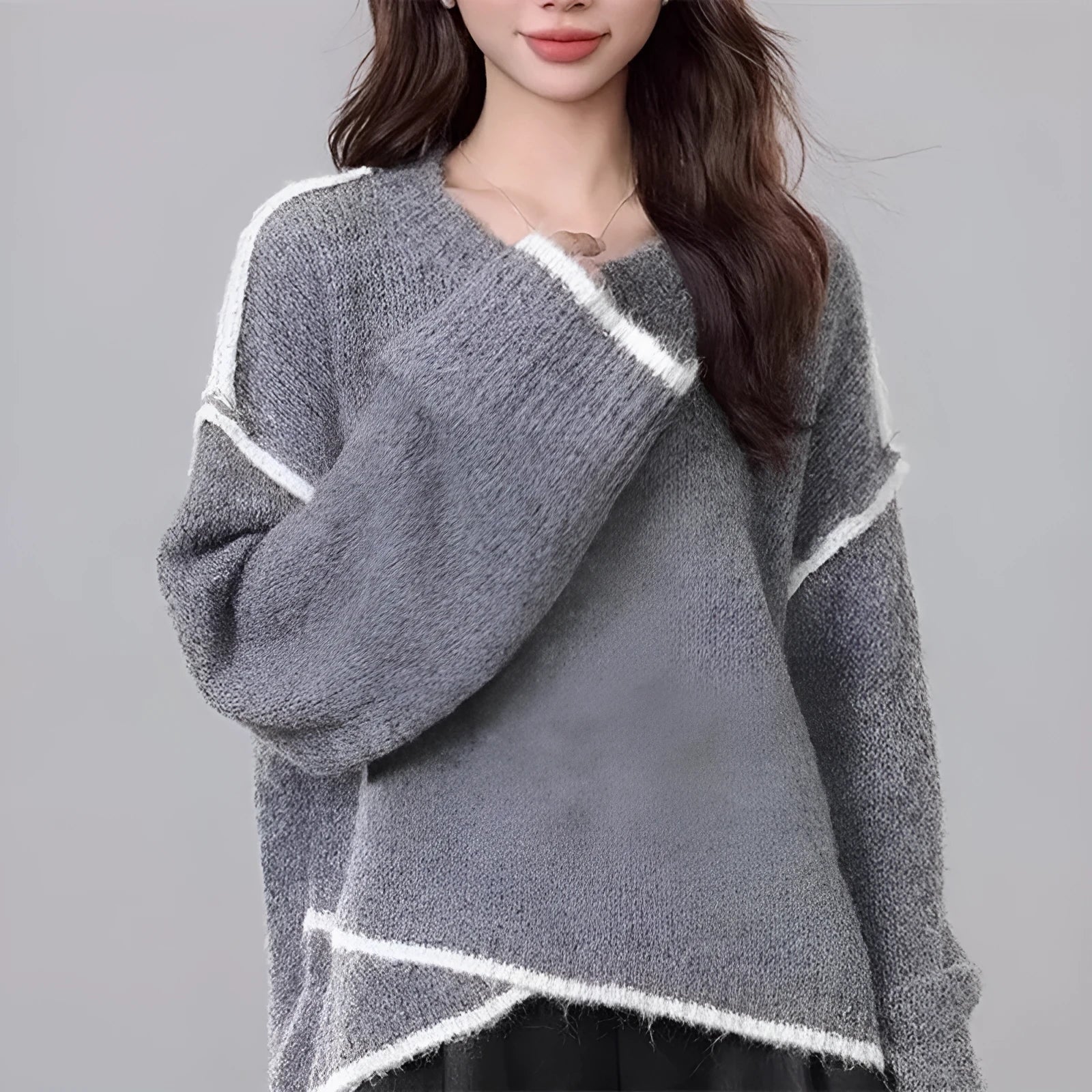 Women's cotton loose fit pullover sweater in gray color with regular sleeves