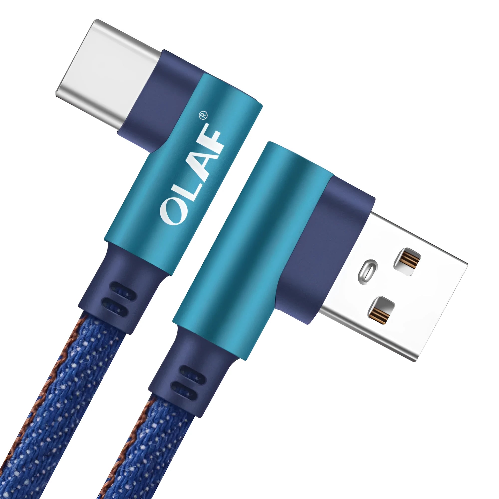 Denim fabric USB fast charging cable with aluminium connectors in black, blue, or red colours