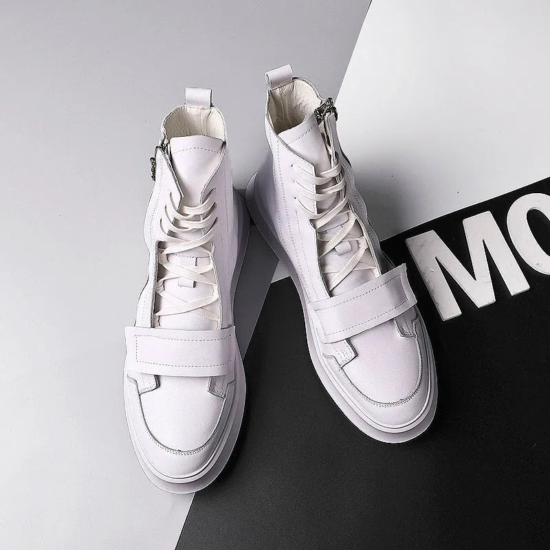 Men's black and white PU leather winter ankle boots in high-top sneaker style showing size range