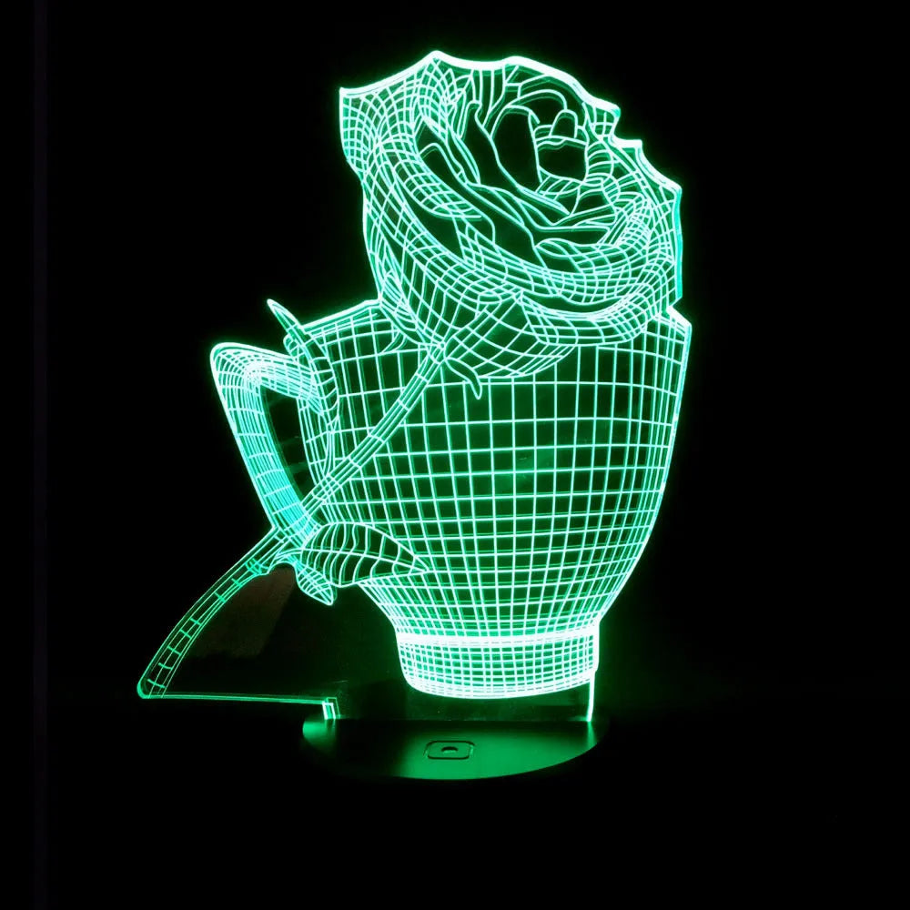 3D acrylic rose flower night light on ABS base with seven colour changing LED options.