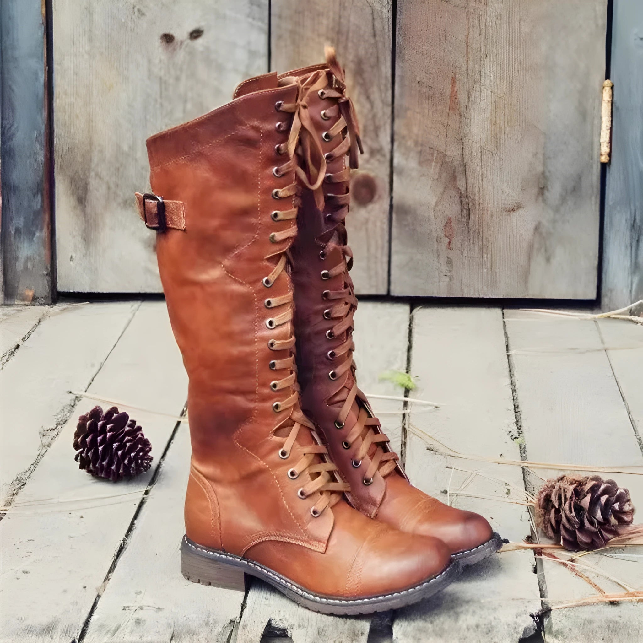 Women's black chunky heel high leg boots with a round toe on a plain background.