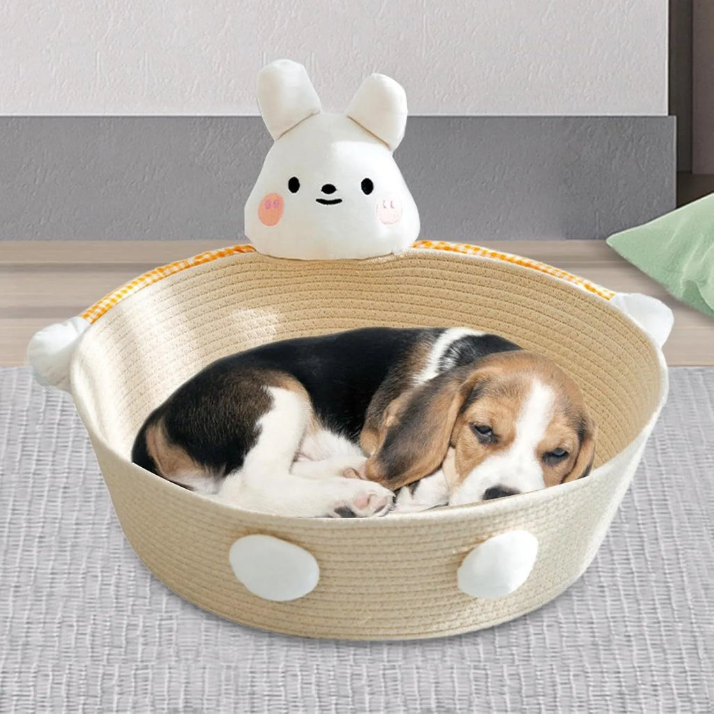 Woven cotton rope cat bed and scratching pad in bear design, showing basket shape.