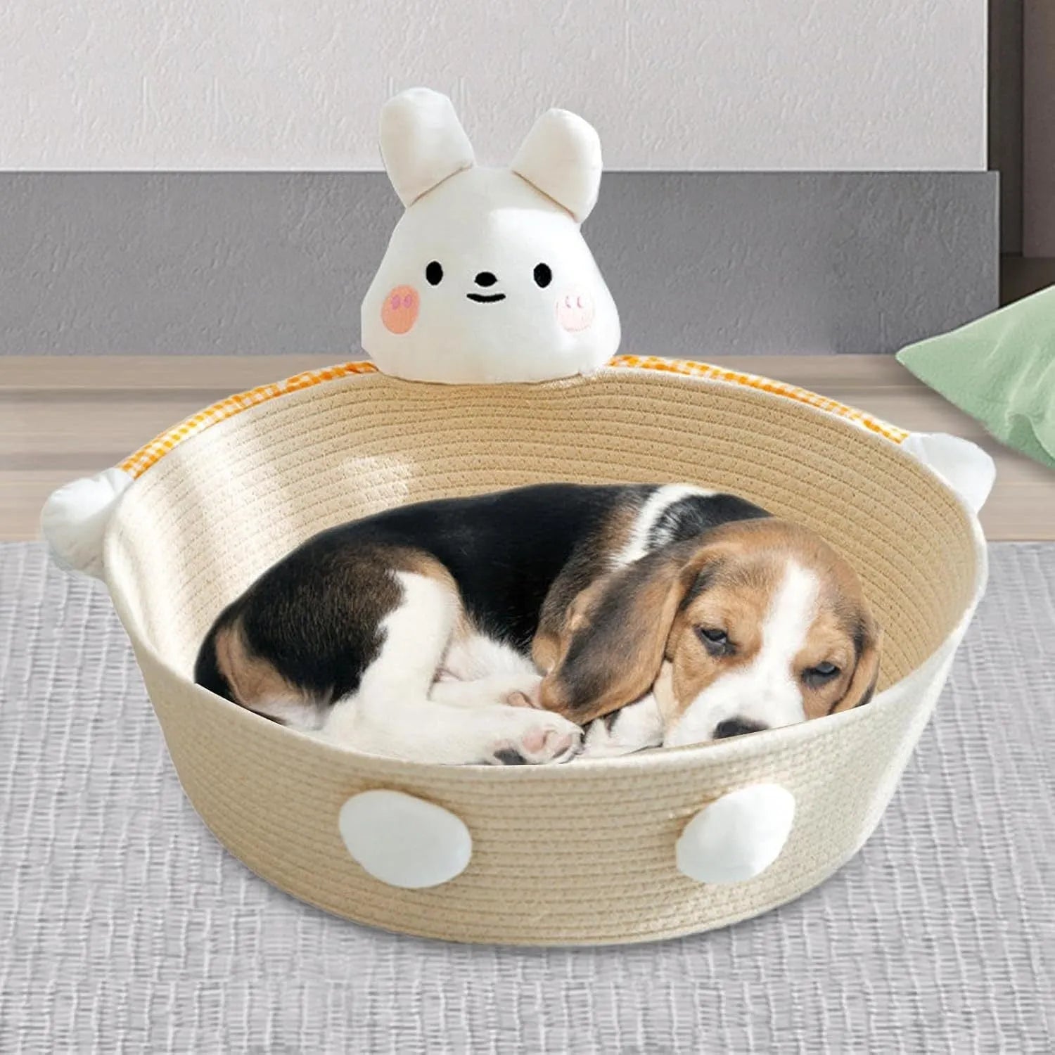 Woven cotton rope cat bed and scratching pad in bear design, showing basket shape.