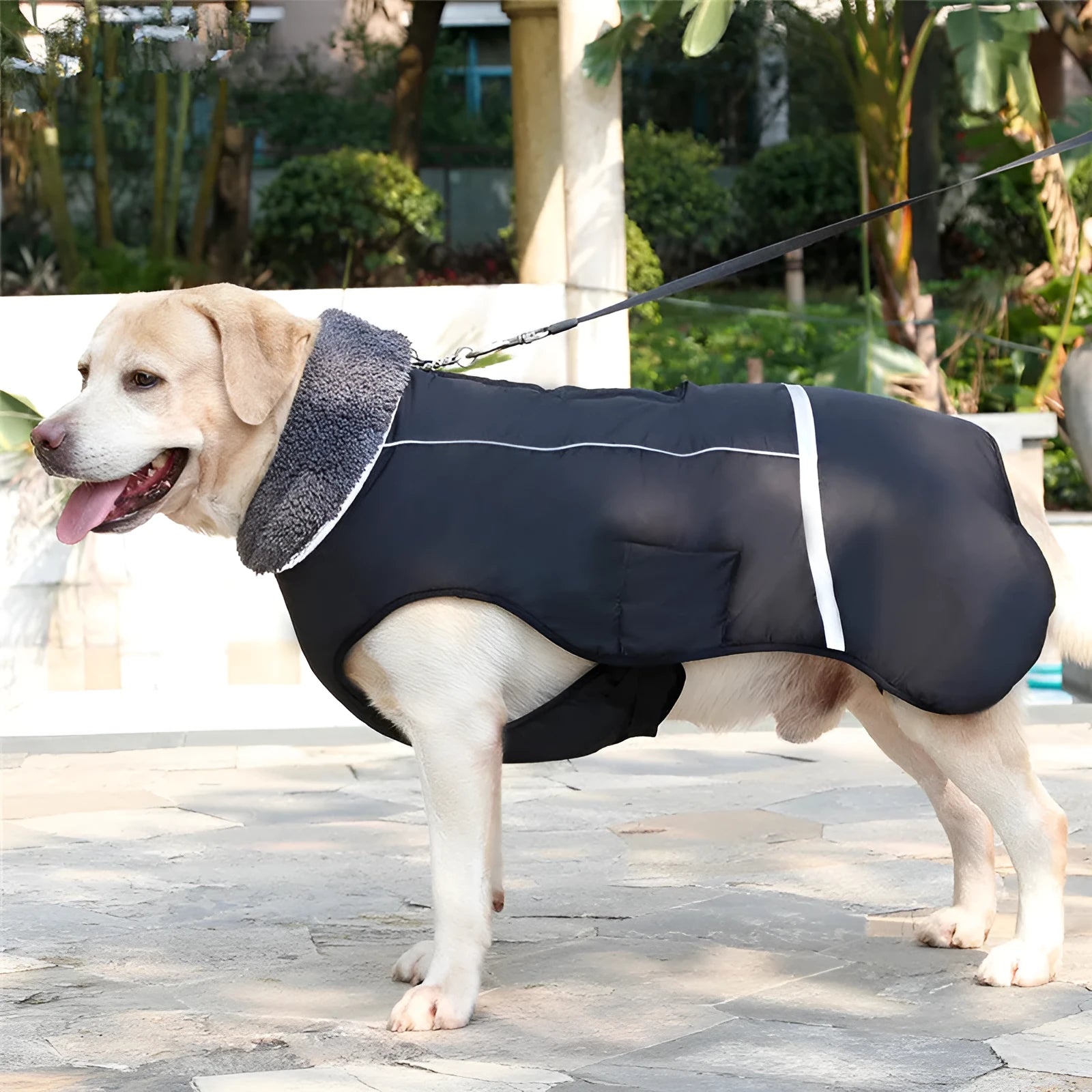 Thick warm dog vest in black waterproof nylon with reflective strips