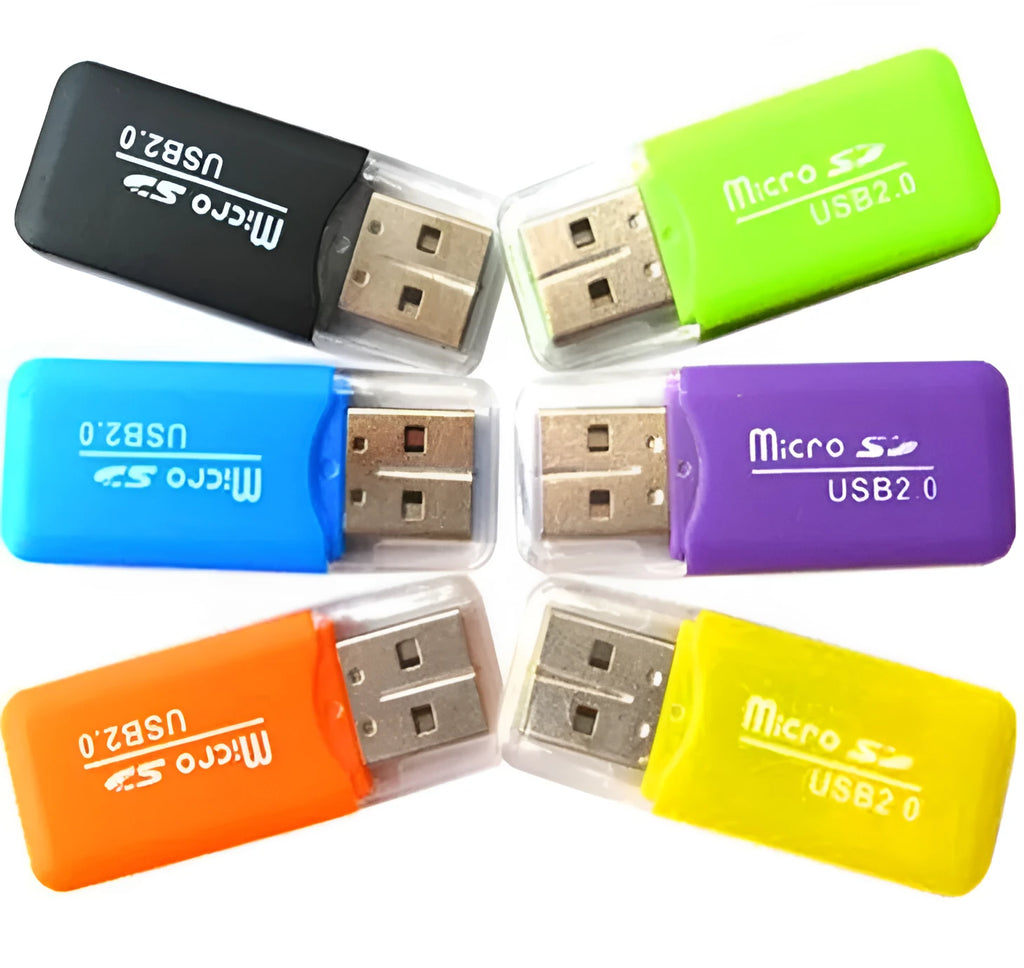 Mini USB TF card reader with built-in plug, 16 GB micro SD card, and SD adapter
