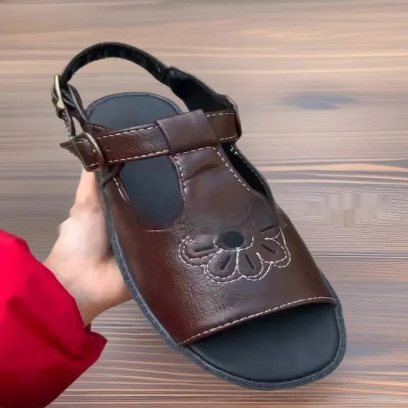 Men's black embroidered beach sandals with floral pattern on PU upper