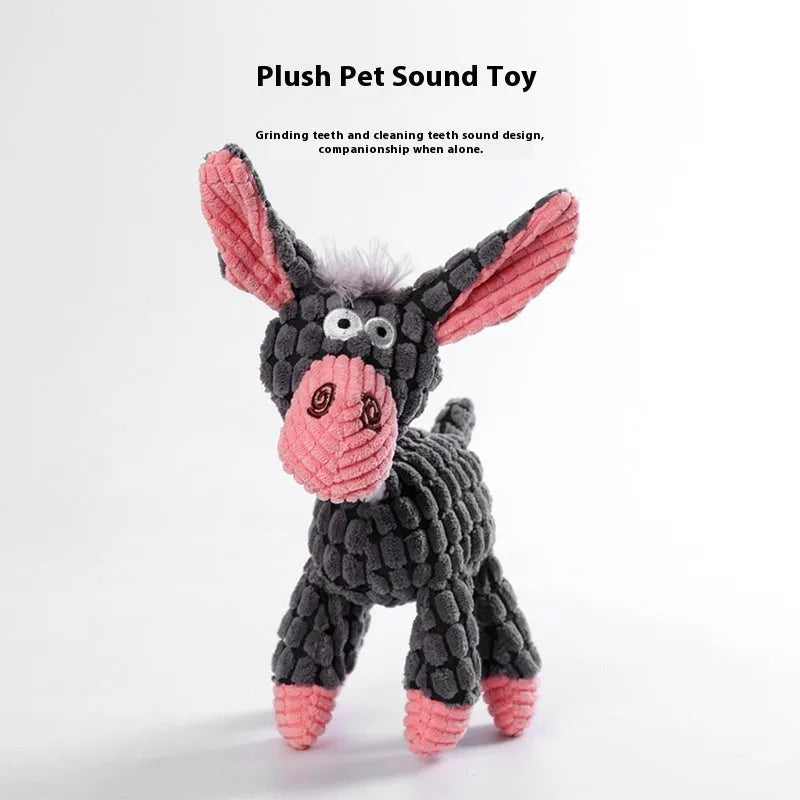 Bite-resistant plush puppy toy showing donkey, rechargeable duck, elephant, and dog styles