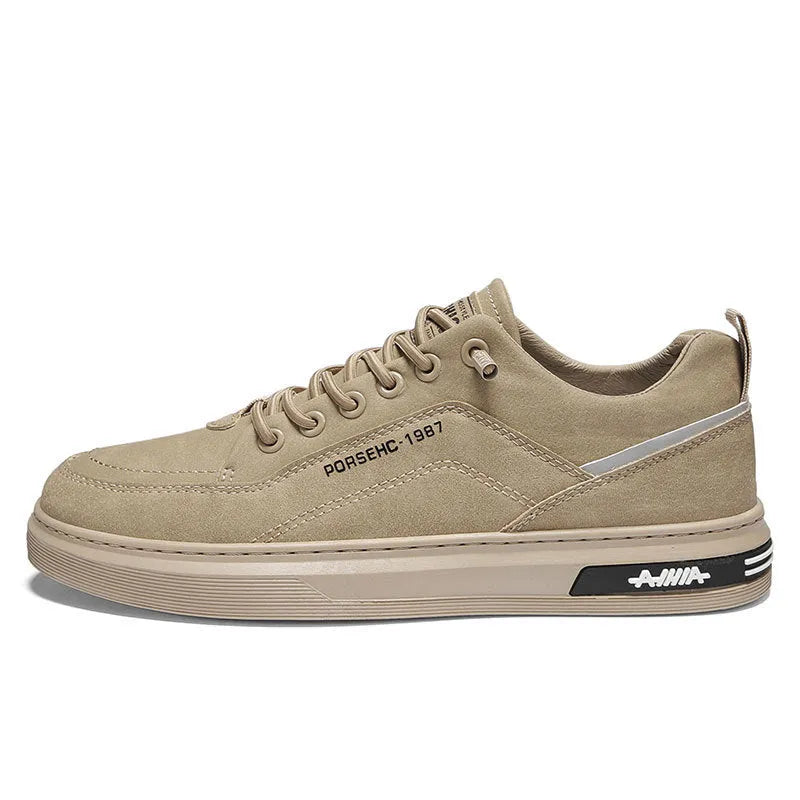Men's low-top casual shoes in khaki with a round toe, flat rubber sole, and artificial PU upper.
