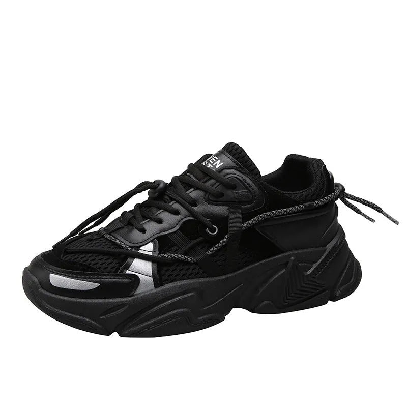 Men's platform dad shoes in black, white, or grey with a lace-up front and a thick sole.