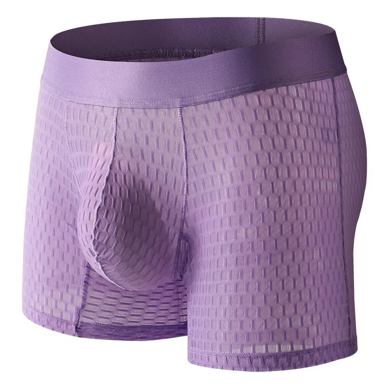 Men's lace mesh boxer shorts in black on a white background