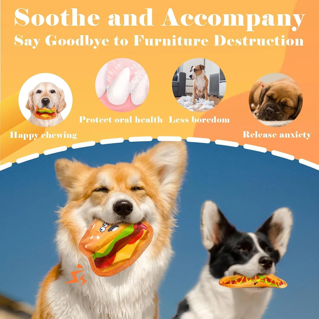 Hamburger-shaped dog toy with bright colours featuring crinkle and squeak sounds for interactive play