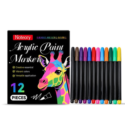 Set of 12 acrylic paint markers with fine bullet tips for multi-surface art on canvas, wood, glass, metal, plastic and fabric