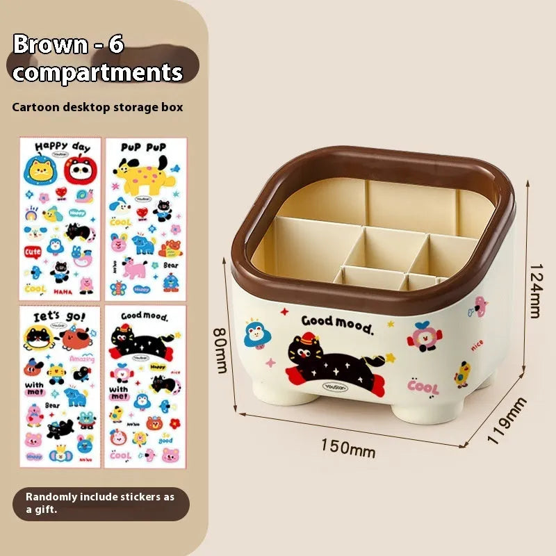 Red and brown cartoon-style plastic desktop storage organiser with grid pattern for stationery and sundries.