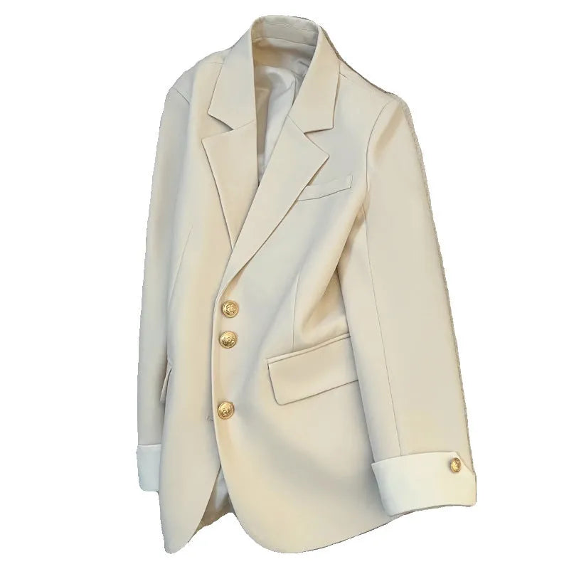 Women's loose fit Korean-style coat in milky white with pockets and regular long sleeves