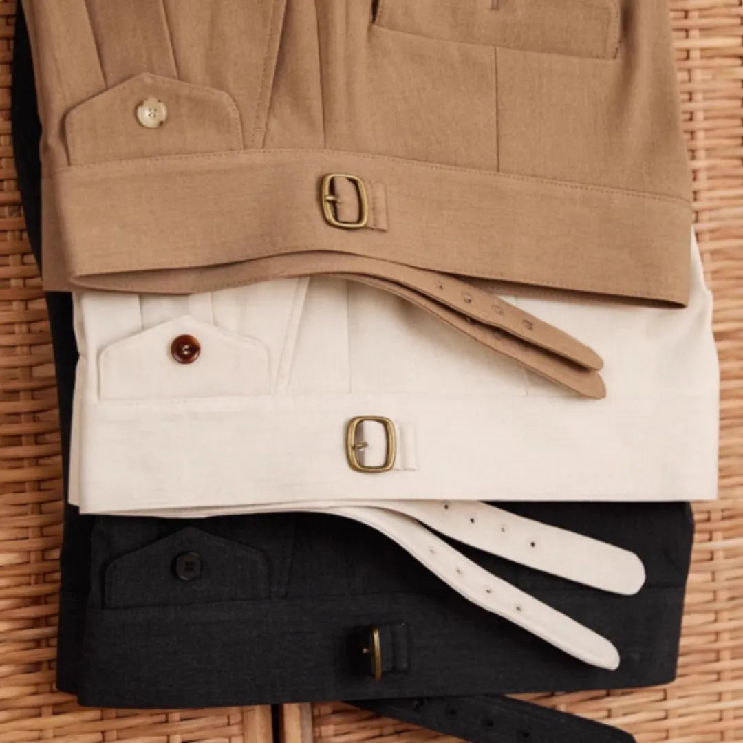 Men's slim fit straight leg business trousers in dark grey, light brown and light apricot colours