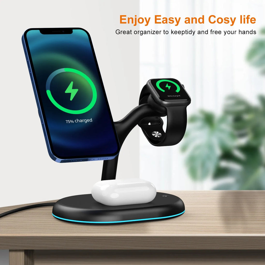 Black magnetic wireless charging station with three-in-one design for multiple devices