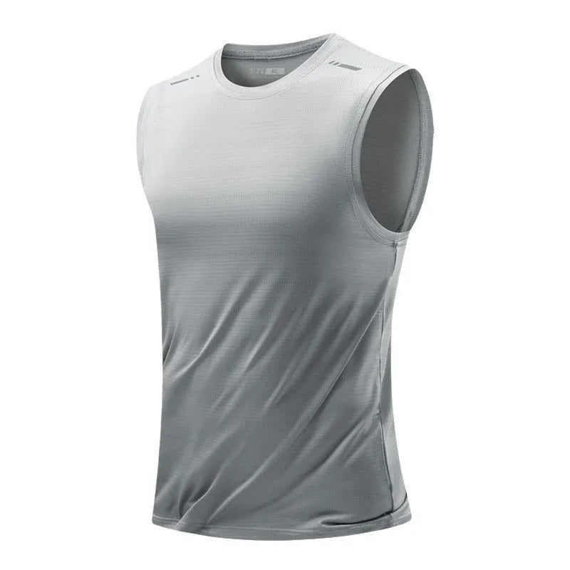 A man's loose-fit sleeveless vest in a solid colour, showing the straight hem and casual style.