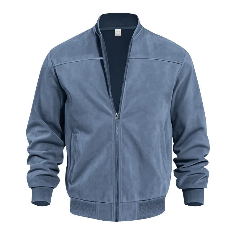 Man wearing a men's plus size suede casual jacket in army green with a zipper front.