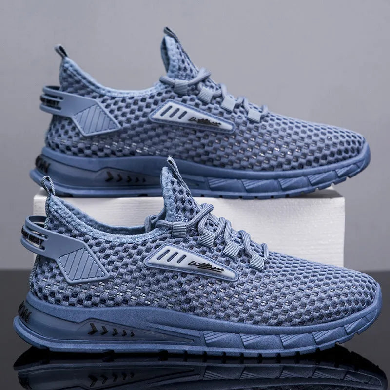 Men's beige mesh sneakers with synthetic leather upper and white EVA sole