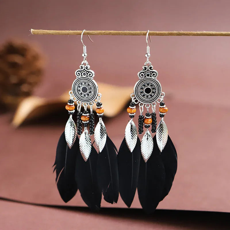Round drop feather earrings with leaf pattern in Bohemian style, electroplated alloy in various colour options