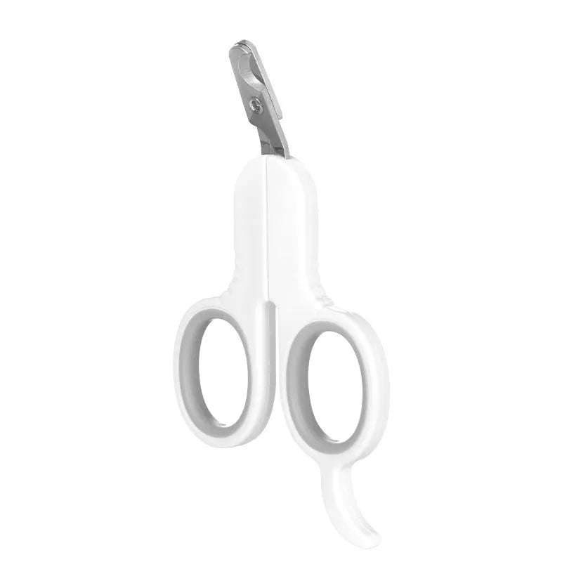 Professional pet nail clippers with curved safety tips and a grey non-slip rubber handle.