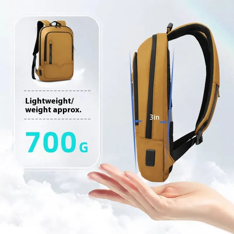 Solid colour lightweight polyester backpack with USB charging port on side, shown in multiple colour options.