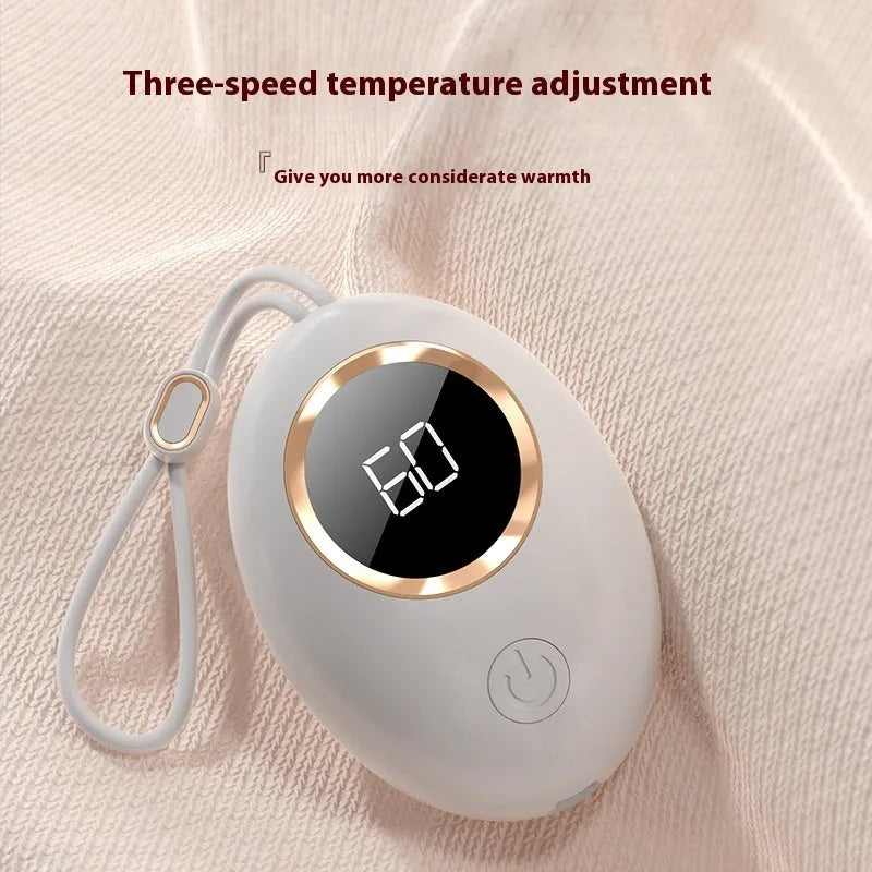 USB-powered hand warmer and power bank unit with a digital display in various colours.