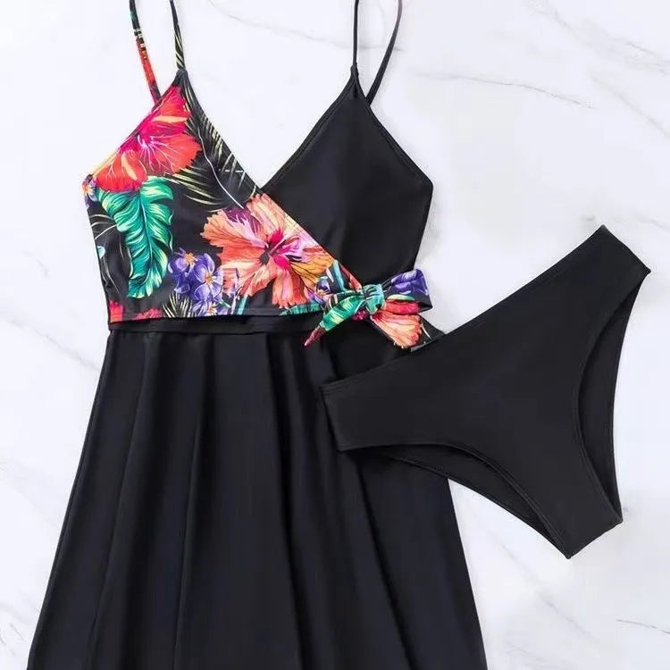 Black women's high waist briefs with printed split bikini design for sports and swimming activities