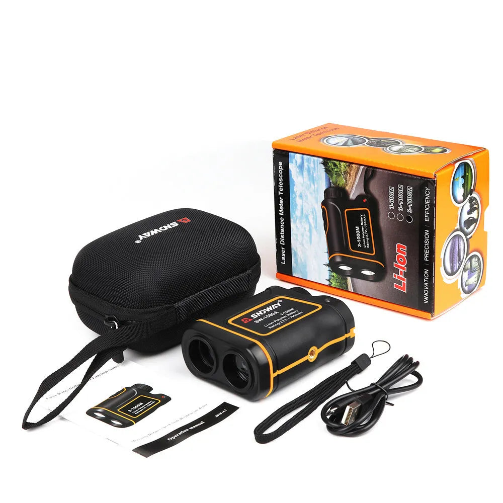 Handheld golf laser rangefinder device showing compact design for distance measurement.