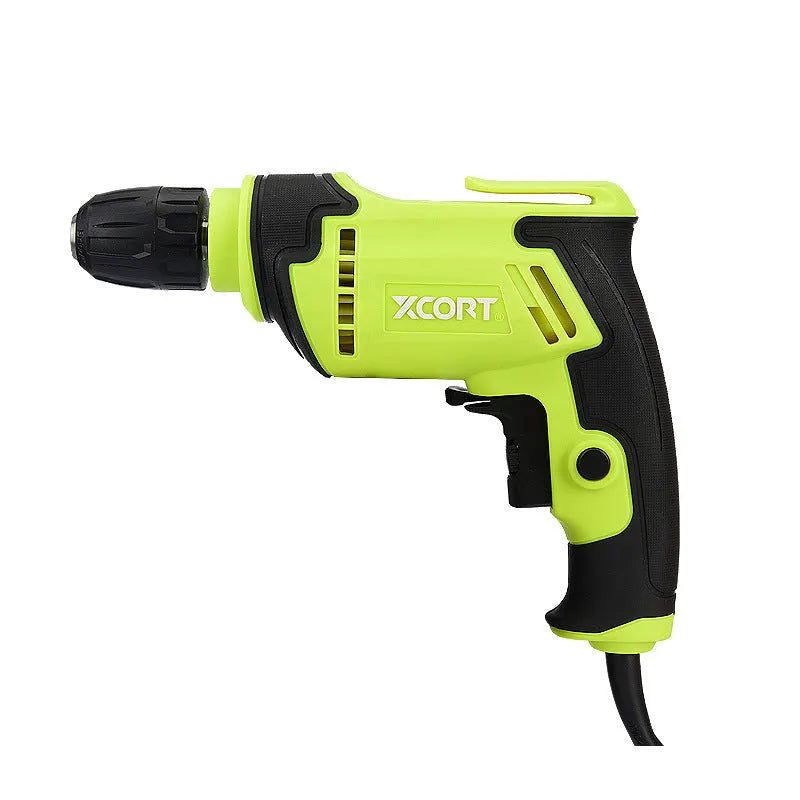 Pistol-grip electric drill with 450W power rating and 10mm chuck on a workbench.