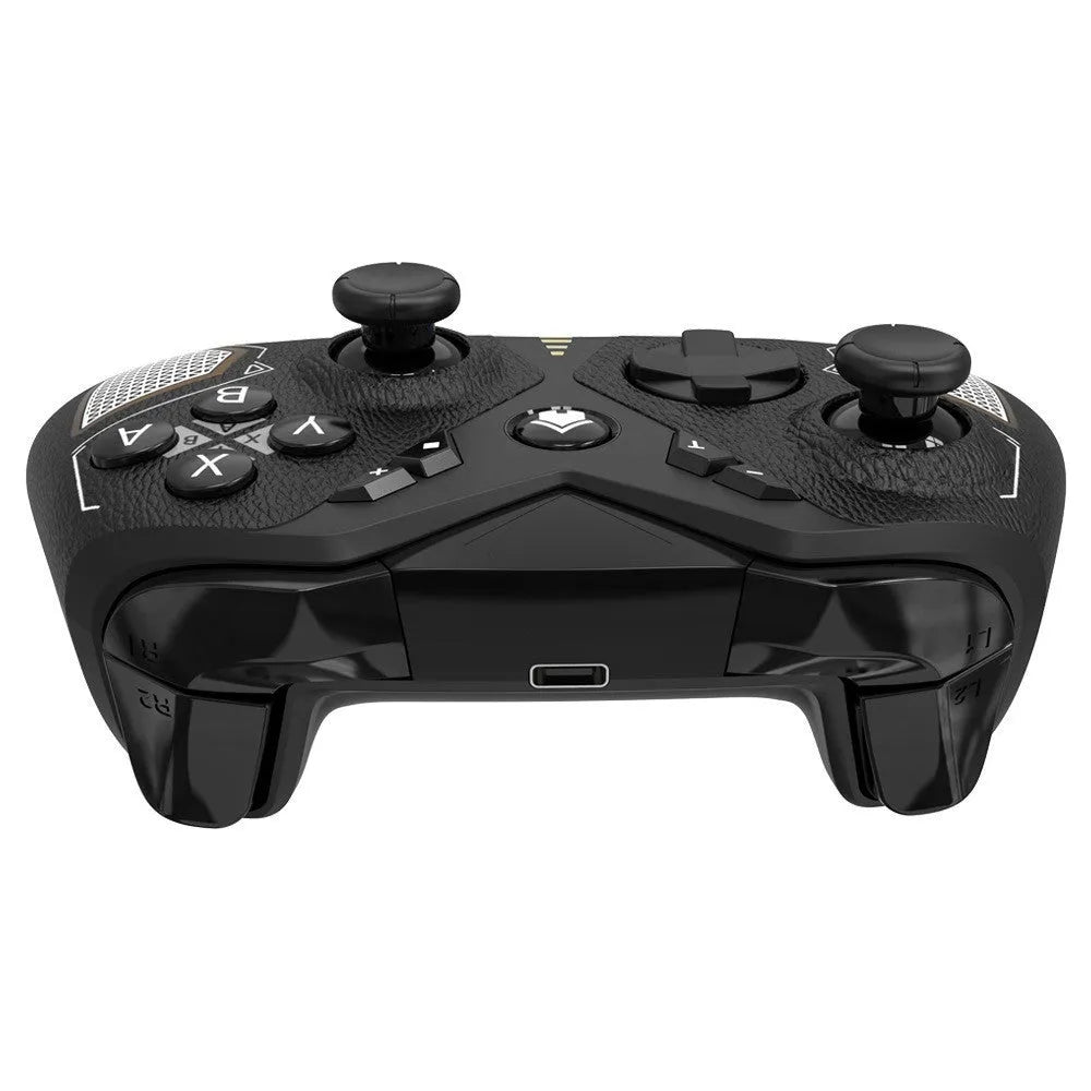 Black wireless game controller with leather pattern grip for Nintendo Switch and mobile devices.