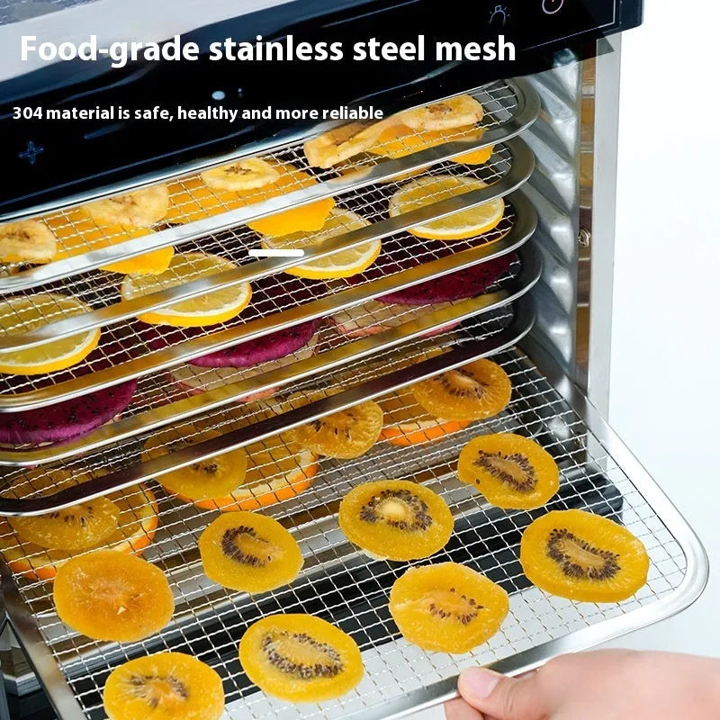 Stainless steel fruit dehydrator with clear viewing skylight and LED control panel