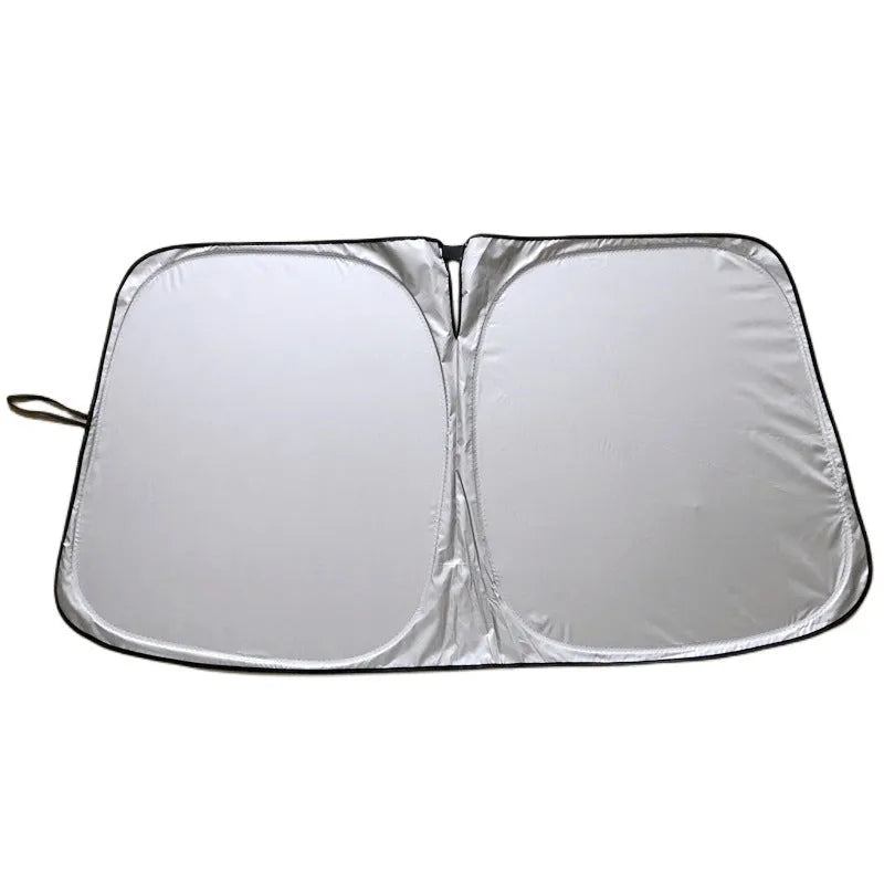 Titanium silver aluminium foil car sunshade showing reflective surface and folded storage
