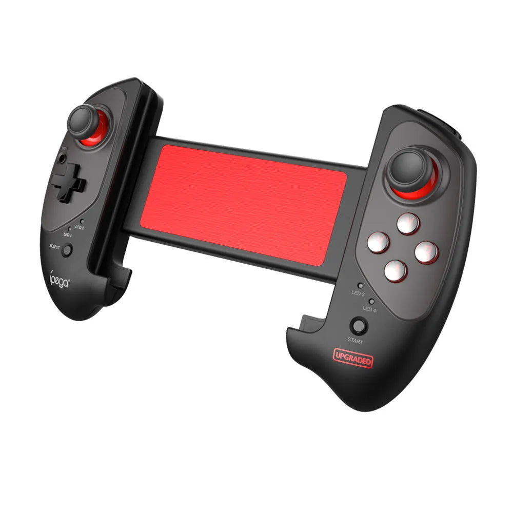 Red telescopic Bluetooth gamepad controller holding a smartphone, with a USB cable.