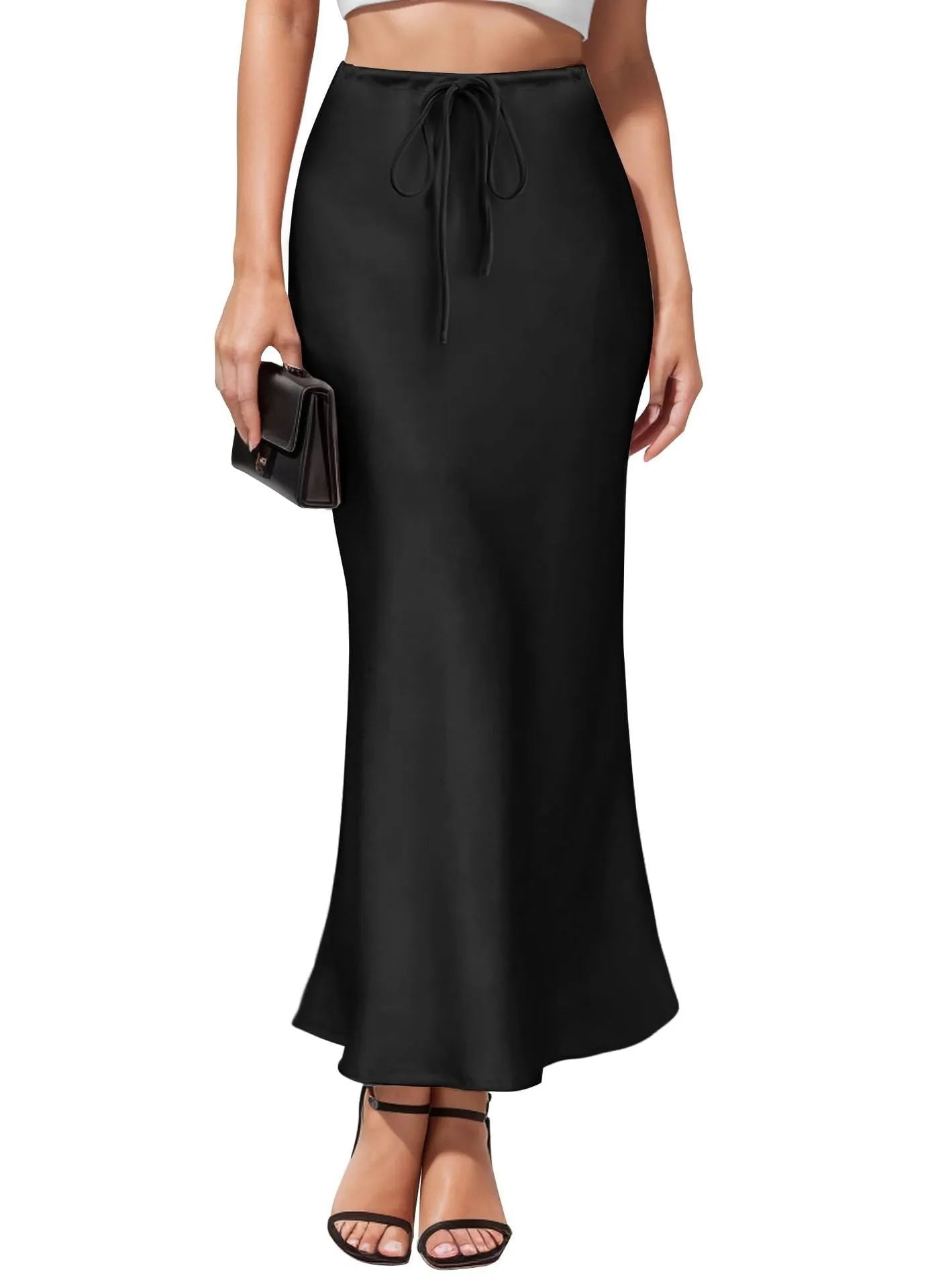 Asymmetric high-waist acetate satin skirt with irregular stitching in solid colour