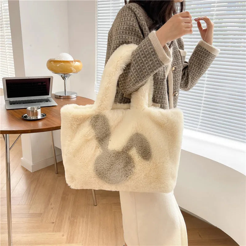 Cartoon rabbit ears plush shoulder bag in large tote style