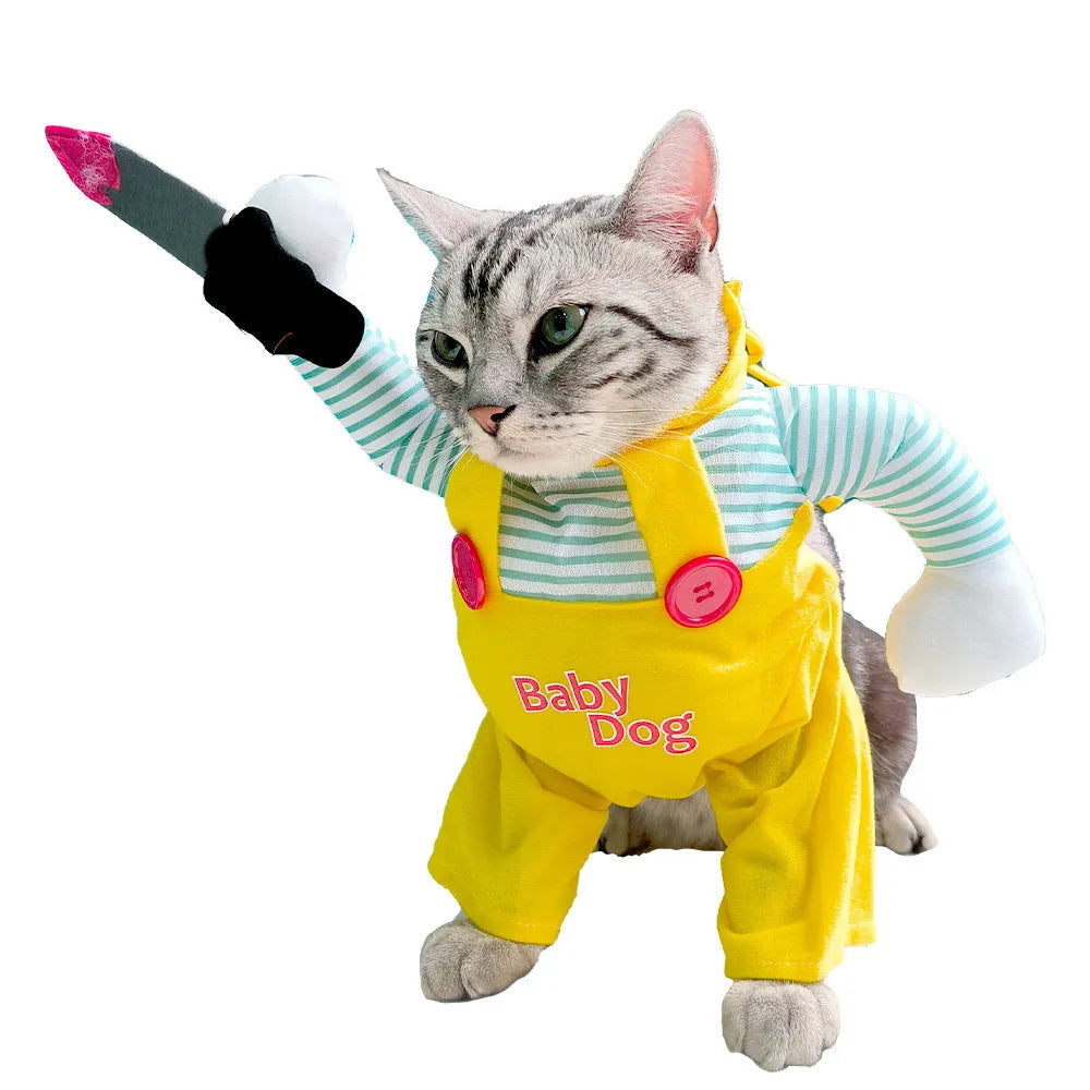 Yellow knife assassin themed cat costume made from polyester fabric in sizes S M L XL
