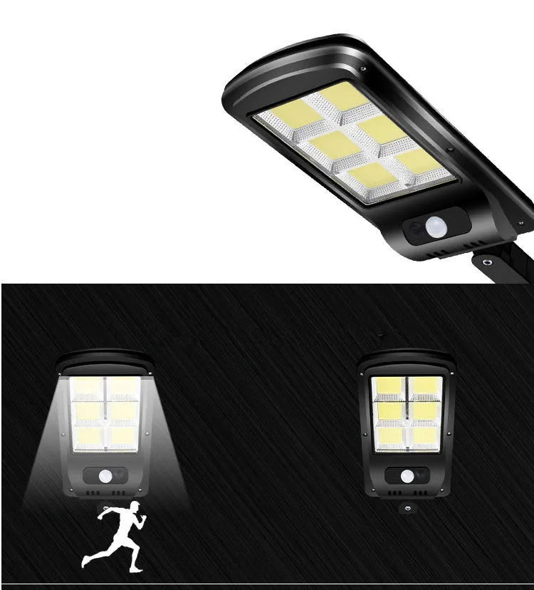 Black solar-powered outdoor motion sensor light mounted on a wall or post.